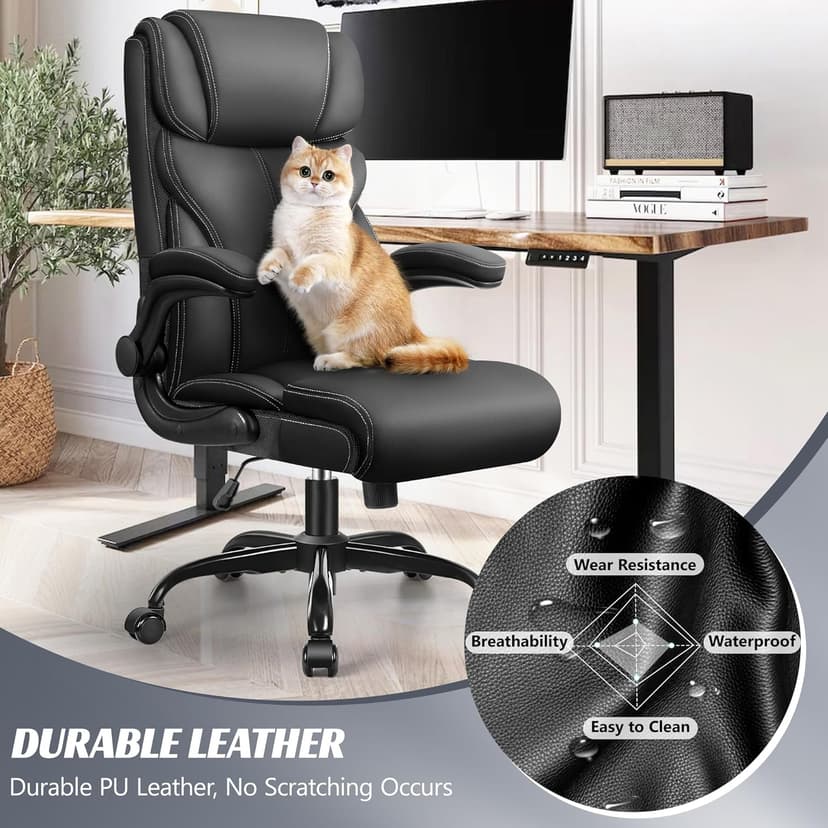 HeroSet Office Chair, Ergonomic Big and Tall Computer Desk Chairs, Executive Breathable Leather Chair with Adjustable Flip-up Armrests, Lumbar Support Swivel PC Chair with Rocking Function