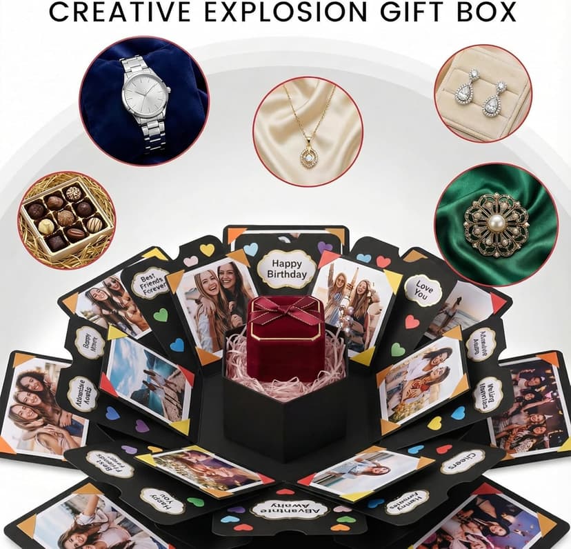 Koogel Explosion Gift Box, Handmade Exploding Photo Album Preassembled Surprise Picture Pop Up Love Box with Creative DIY Scrapbooking Accessories for Anniversary Birthday Wedding