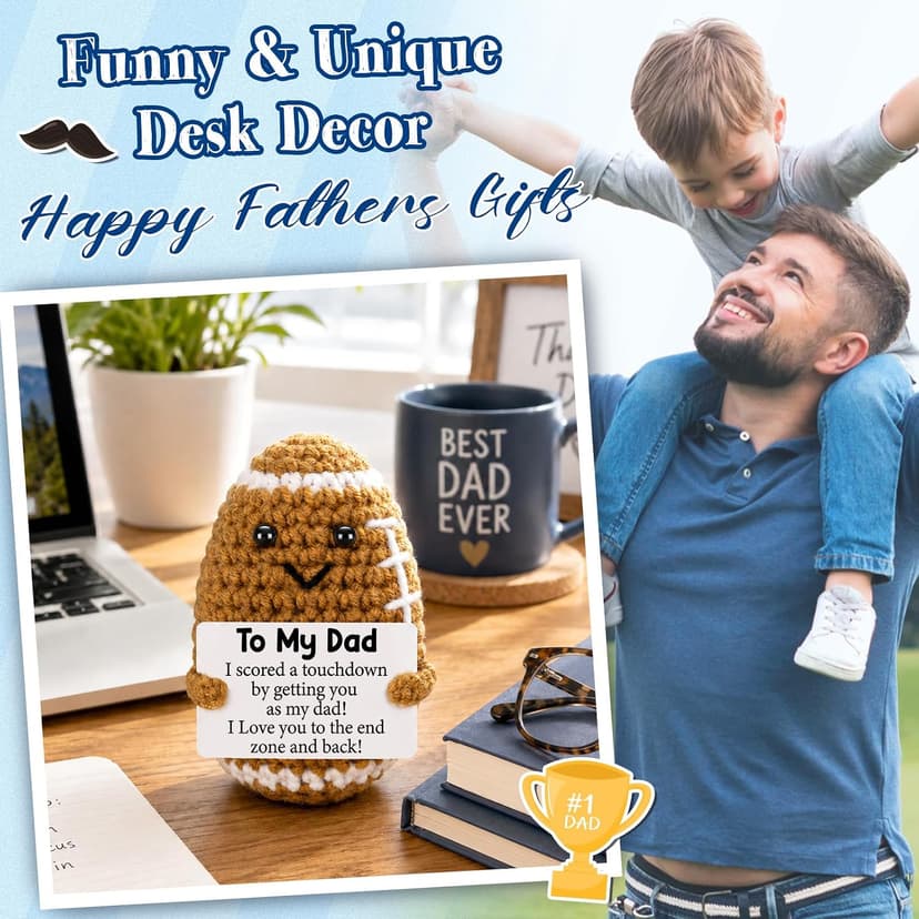 Dad Gifts from Daughter Son Wife, Positive Handmade Crochet Dad Birthday Gift, Funny Cute Small Gifts for Dads, I Love You Girl Papa Gift Idea, Unique Doll for Step-Dads Football