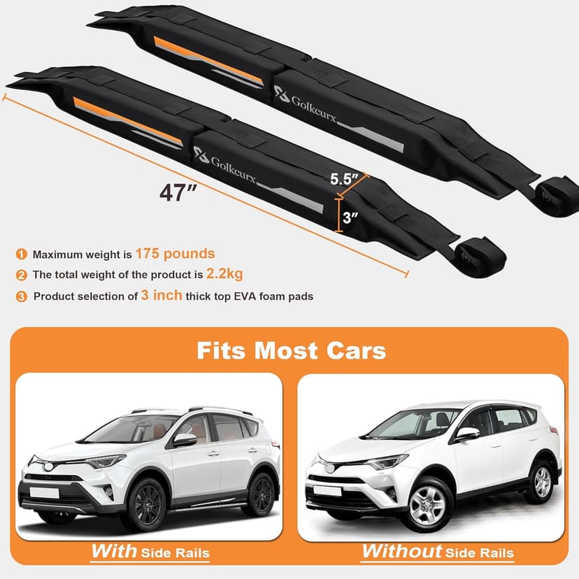 Golkcurx Universal Soft Roof Rack Pads for Kayak,Surfboard, SUP, Canoe, Snowboard with15FT Tie-Down Straps*2 and Storage Bag*1 (Black)