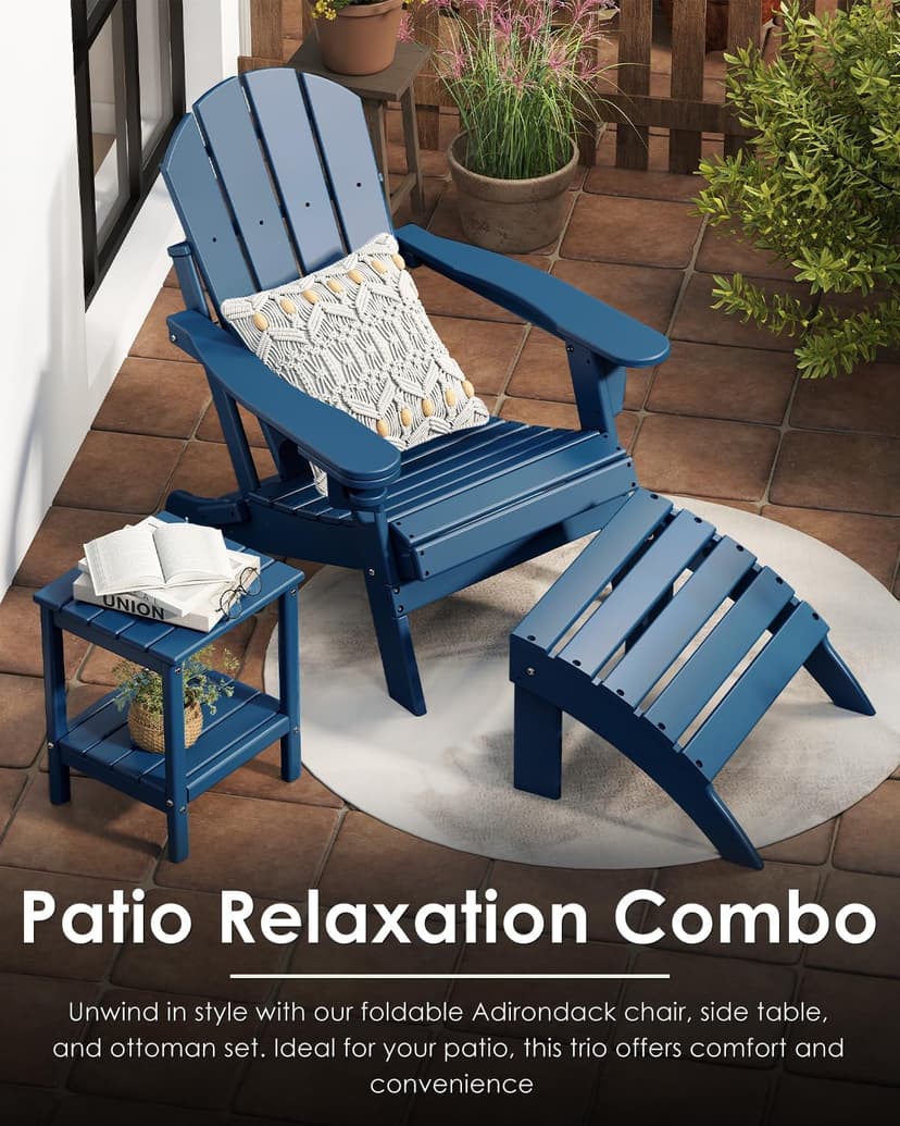 GREENVINES Folding-Adirondack-Chairs-Set-of-2 | HDPE Plastic | Fire Pit Chair | All Weather | Cup Holder | Blue | for Deck Backyard Patio Outdoor Garden