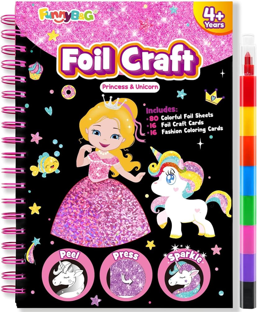 Mess-Free & No-Glue Activity,Kids Ages 4-10 Create 16 Sparkly Princess Unicorn Pictures,Halloween Toy & Birthday Gift for Kid FUNNYB&G Foil Art Craft Kit for Kids, Halloween Crafts Gift Toy for Kids B0DK6DYYD8