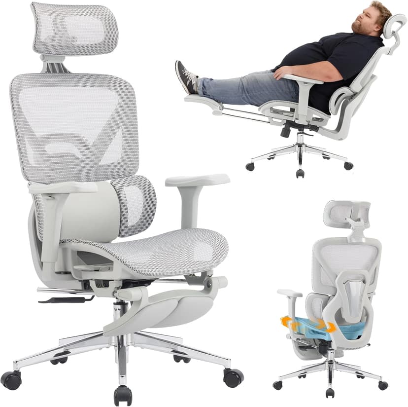 Ergonomic Office Chair with Footrest, High Back Mesh Computer Chair with Lumbar Support, 5-Level Backrest Height, 4D Flip-Up Arms for Home & Gaming Desk (Gray Mesh 3-Zone Lumbar Support+4D Armrest)