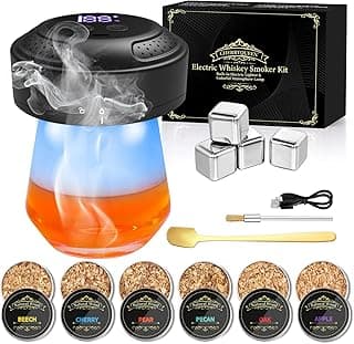 Electric Whiskey Smoker Kit, CHERRYQUEEN Old Fashioned Smoker Kit, Built-in Lighter & Ambient Light, 4 Reusable Ice Cubes 6 Wood Chips, Gifts for Men Dad Husband Whiskey Lovers (Birthday/Christmas)