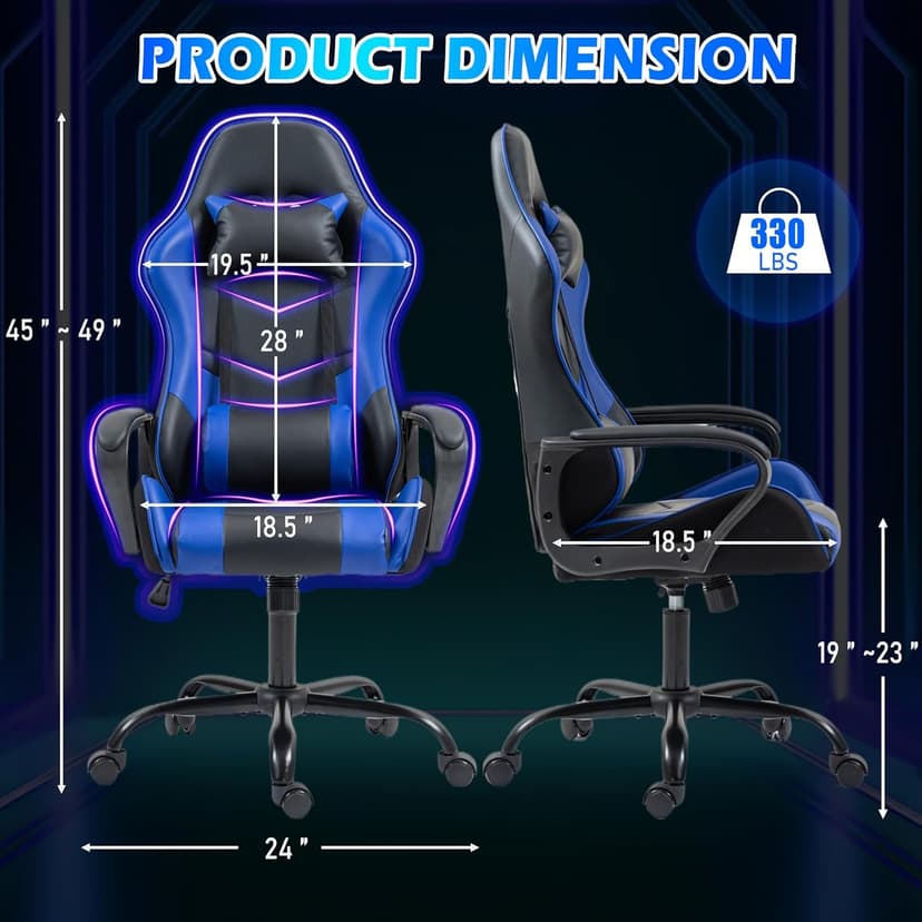 ECOTOUGE Gaming Chair, Ergonomic Video Game Chair with Massage Lumbar Support & Rocking High Back, 360° Swivel Computer Gamer Chair for Gaming or Office, Height Adjustable, Blue