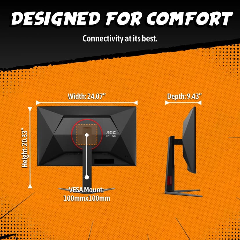 AOC 27" Curved Gaming Monitor, FHD 1080p, 280Hz (DP) 240Hz (HDMI), 0.3ms MPRT, VA Panel 1500R, AMD FreeSync Premium, HDR Ready, Height Adjustable, DisplayPort HDMI C27G4ZH