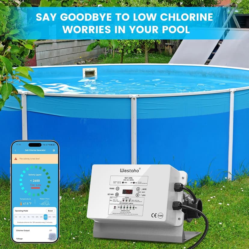 WiFi Salt Chlorine Generator, Westaho Salt Chlorination System with USA Titanium Cell, Real-Time Monitoring & App Control, for Above Ground Pools Up to 15,000 Gallons, Compatible with Intex Pool