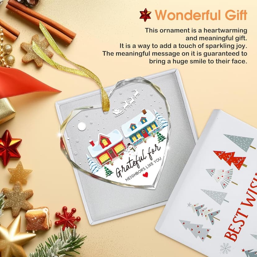FaCraft Neighbor Gifts Christmas Ornaments 2025 - Xmas Birthday Good Gifts for Neighbors Best Friends Women Men The Neighbors Favor Grateful Heart Shaped Glass Ornament for Christmas Tree Decorations