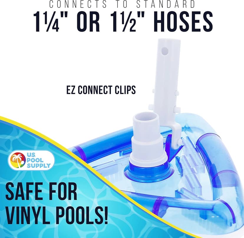 U.S. Pool Supply Weighted Transparent Triangular Pool Vacuum Head with Swivel Hose Connection and EZ Clip Handle - Connect 1-1/4" or 1-1/2" Hose - Removes Debris, Clean Corners - Safe for Vinyl Pools