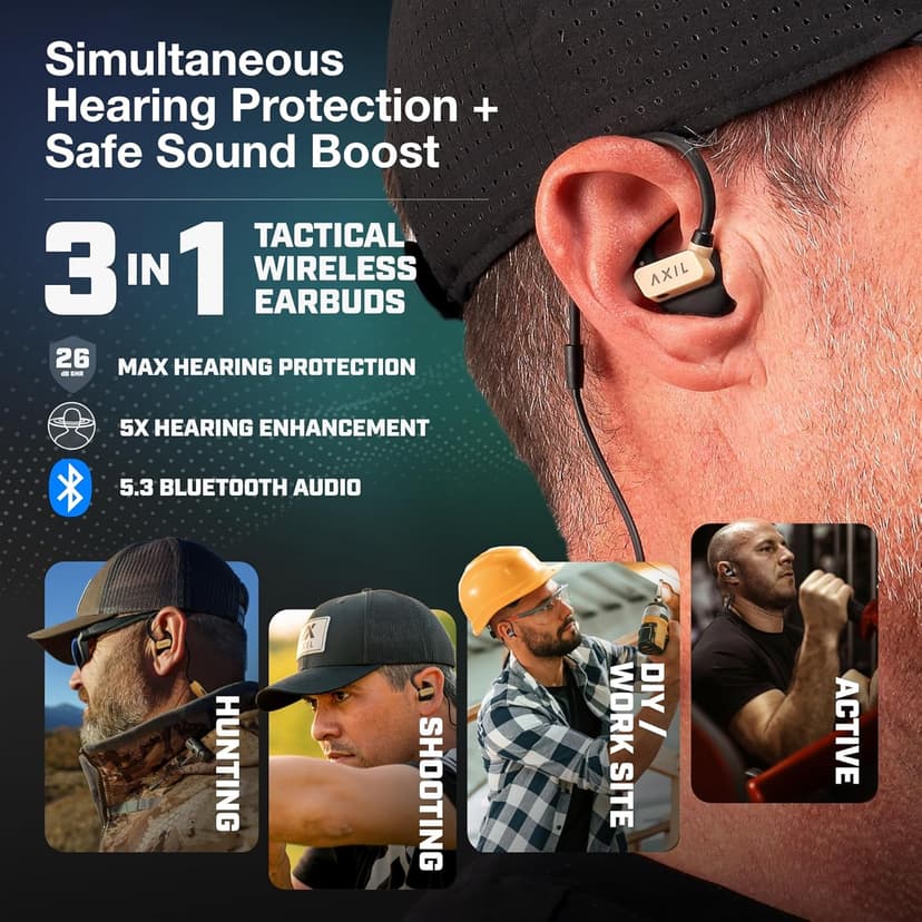 AXIL GS Extreme 3.0 Shooting Ear Protection – Desert Tan - Hearing Enhancement & Noise Isolation Bluetooth Earbuds – 5X Hearing Protection for Shooting, Travel, Work and Concerts