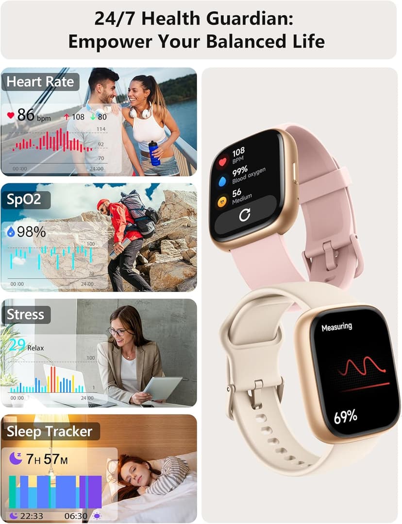 Smart Watch 2026 Upgrade for Women Men Android & iPhone [2 Bands, 44mm case, 1.83''], Alexa Built-in, Make/Answer Call, HR SpO2 Sleep Stress Monitor Fitness Tracker, IP68 Waterproof Step Counter Watch