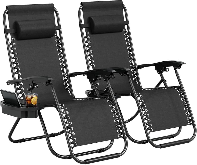 Garvee Zero Gravity Chair Set of 2, Patio Lounge Chair Outdoor with Pillow & Cup Holder Tray, Adjustable Reclining Chair, Folding Portable Camping Chair for Deck, Beach, Yard, Garden - Black