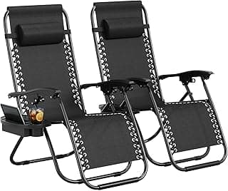 Garvee Zero Gravity Chair Set of 2, Patio Lounge Chair Outdoor with Pillow & Cup Holder Tray, Adjustable Reclining Chair, Folding Portable Camping Chair for Deck, Beach, Yard, Garden - Black