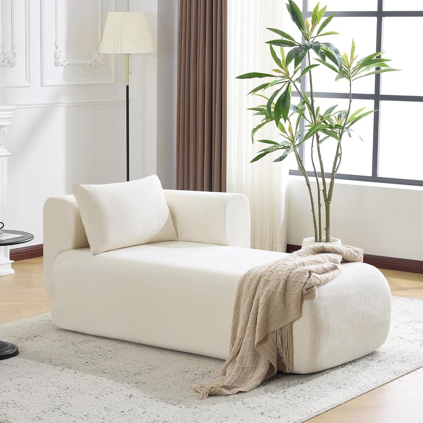 Bezseller Upholstered Chaise Lounge Indoor, Comfy Lounge Boucle Sofa, Modern Leisure Sleeper Sofa with Pillows, Recliner Chair Indoor for Living Room Bedroom Office, Beige