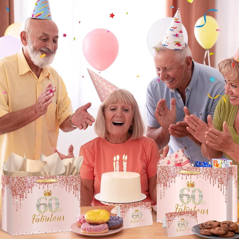 Yoirrat Rose Gold 60th Birthday Gift Bag for Women 60 & Fabulous Large Pink Happy 60th Birthday Gift Bag with Wrapping Paper and Card for 60th Bday Decorations Party Supplies