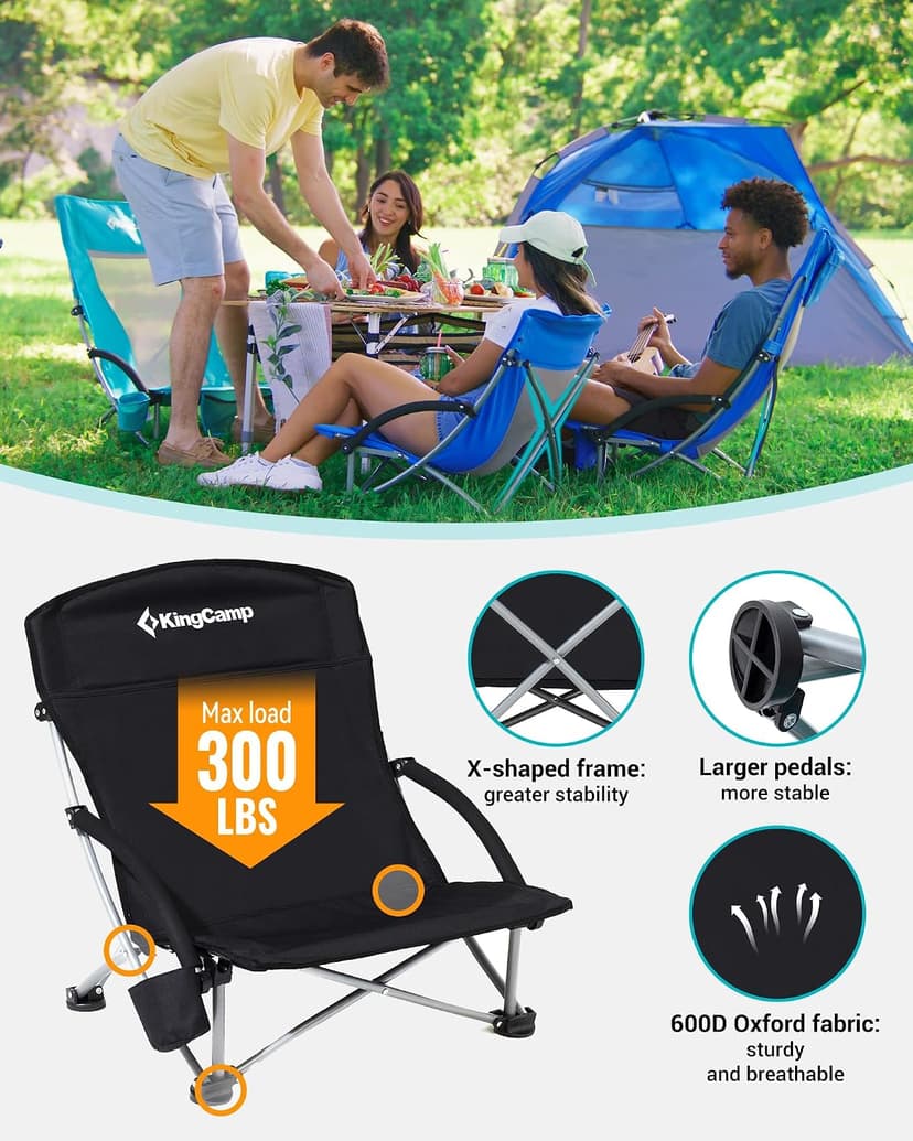 KingCamp Low Beach Chair, High Back Folding Camping Chair for Adults, Oversized Breathable Mesh Seat, 300lbs Heavy Duty Portable Chair with Cup Holder & Storage Pockets for Beach, Outdoor