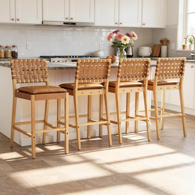 Merax Rattan Counter Height Bar Stools with PU Cushion Set of 4, 29" Seat Height Counter Chairs with Solid Wood Frame & Rattan Backrest, Boho Style Barstools for Kitchen Island, Brown
