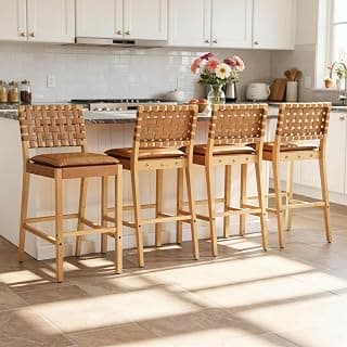 Merax Rattan Counter Height Bar Stools with PU Cushion Set of 4, 29" Seat Height Counter Chairs with Solid Wood Frame & Rattan Backrest, Boho Style Barstools for Kitchen Island, Brown