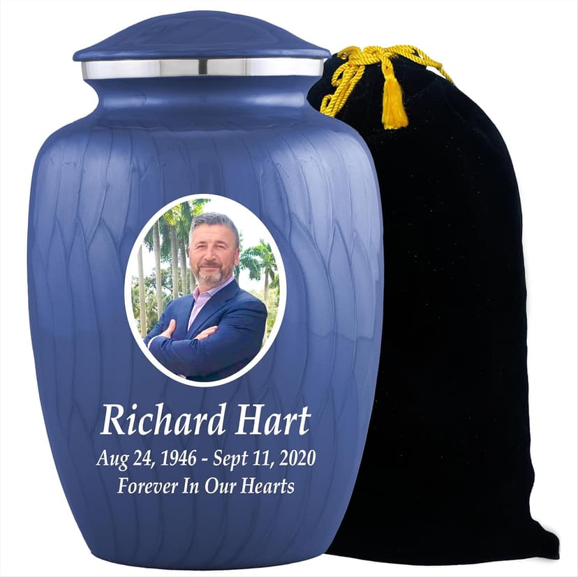 Personalized Photo Cremation Urns for Human Ashes Male Female - 200lbs Custom Photo Burial Urns for Human Ashes - Engraved Handcrafted Funeral Decorative Urns for Adult with Velvet Bag, Blue Enamel B0GLQXZC36