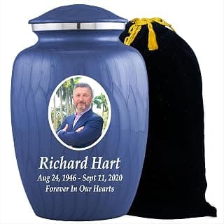 Personalized Photo Cremation Urns for Human Ashes Male Female - 200lbs Custom Photo Burial Urns for Human Ashes - Engraved Handcrafted Funeral Decorative Urns for Adult with Velvet Bag, Blue Enamel B0GLQXZC36