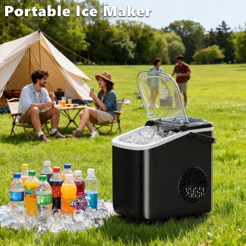 Sweetcrispy Countertop Ice Maker with Scoop, Basket and Handle, Portable Ice Machine 9 Ice Cubes Ready in 6 Mins, 26.5lbs in 24Hrs, 2 Sizes for Home Kitchen Office Bar Party
