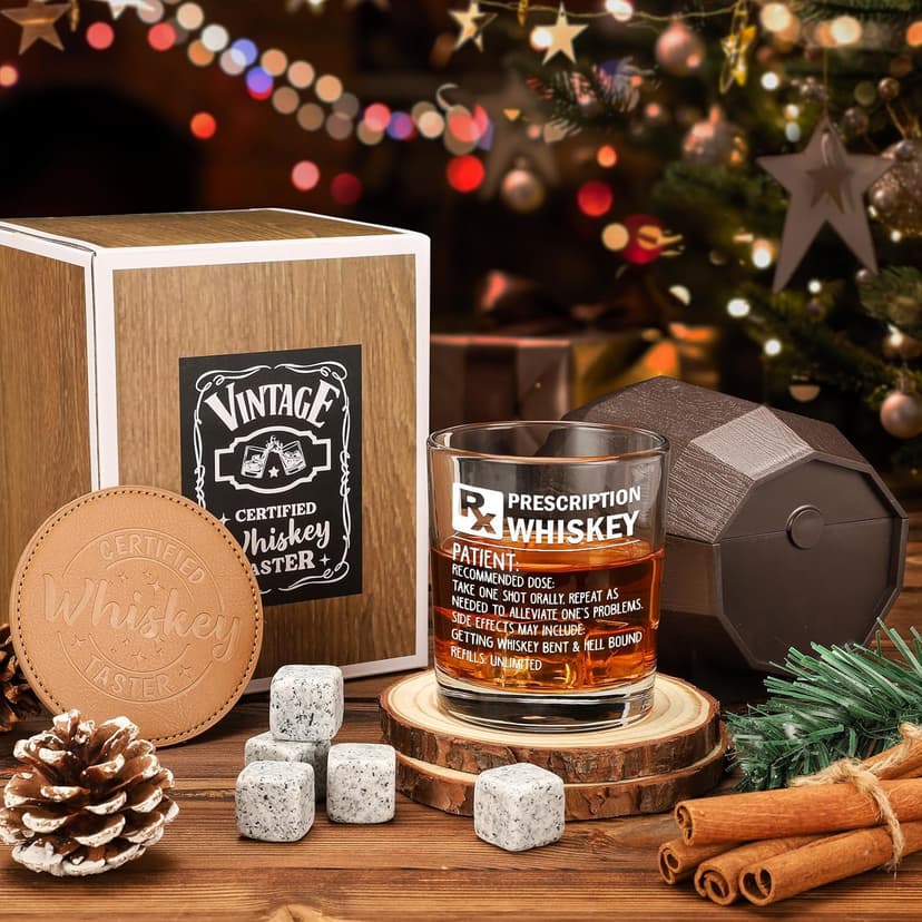 Prescription Whiskey Glass, Funny Rocks Glass & Bourbon Barrel Set for Brother Boyfriend Father Husband Coworker on Christmas & Birthday, White Elephant Cool Gag Gifts for Men
