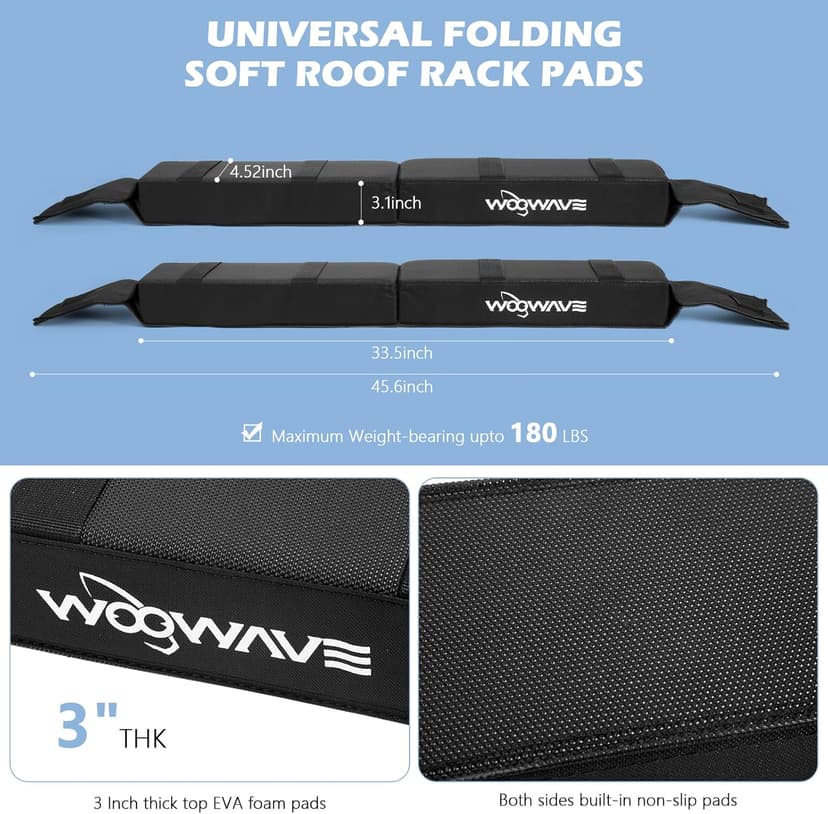 WOOWAVE Folding Kayak Soft Roof Rack Pads Universal Kayak Carrier Car Rack with 4 Tie Down Straps, 2 Tie Down Rope, 4 Carabiner, 2 Quick Loop Strap and Storage Bag for Canoe/Surfboard/Paddleboard/SUP