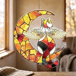 Wavy acrylic suncatcher featuring winged cat moon artwork, designed as a window hanging ornament for home décor and spaces Cat Suncatcher, Pet Memorial Gifts, Window Hanging Ornament 3 (6 Inches) B0HFW19G7L