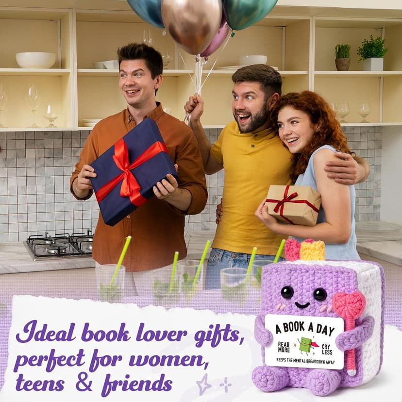 Funny Book-Themed Birthday Book Club Bookish Gifts for Reader, Librarian, Bookworm, Desk Decor, Handmade Book Lovers Gifts for Women, Girl, Book-Shaped Positive Support Crochet B0GL26L547