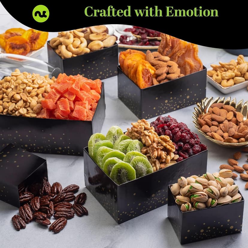 NUT CRAVINGS - Diwali Sweets Hamper Dried Fruit & Mixed Nuts Gift Basket in Black Tower + Ribbon (12 Assortments) Food Arrangement, Healthy Snack Care Package, Food Assortments