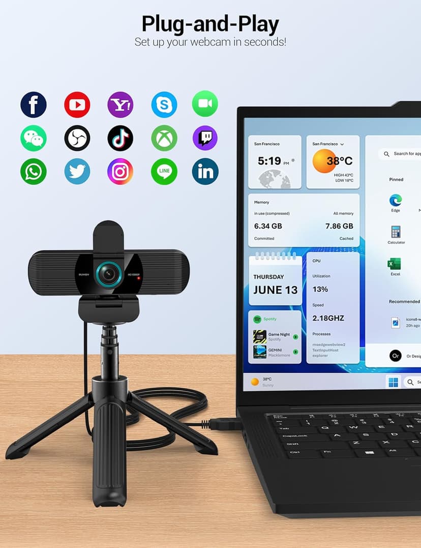 RUWBY Full HD 1080P Webcam with Built-in Dual Mics, Wide-Angle Lens, Privacy Cover, Tripod Stand, Autofocus Computer Camera, Plug and Play for Desktop PC or Laptop