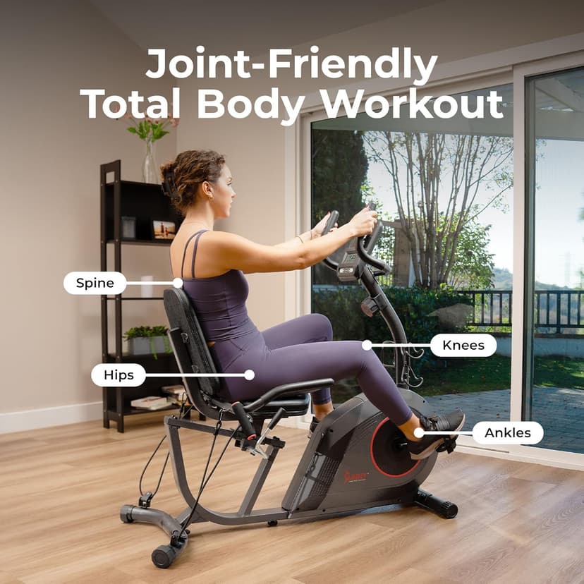 Sunny Health & Fitness Smart Heavy-Duty Recumbent Bike w/Wide Cushioned Seat & Back, Indoor Cycling Machine for Adult/Seniors Home Exercise, Free SunnyFit App Connect, Optional Workout Training Bands