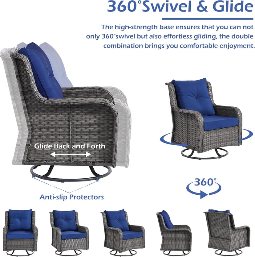 Wumiokio Patio Furniture Sets, 3 Pieces Wicker Outdoor Furniture - 360 Degree Swivel Rocking Chairs and Rattan Side Table for Garden,Porch,Backyard (Grey Wicker/Blue Cushion, 3PCS - Swivel Chairs)