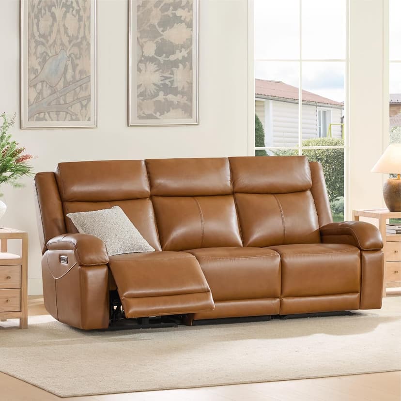 Watson & Whitely Genuine Leather Power Recliner Sofa, 3 Seater Wall Hugger Reclining Sofas with Power Headrest, USB & TypeC Ports, Electric Recliner Couch Set for Living Room, Saddle Brown