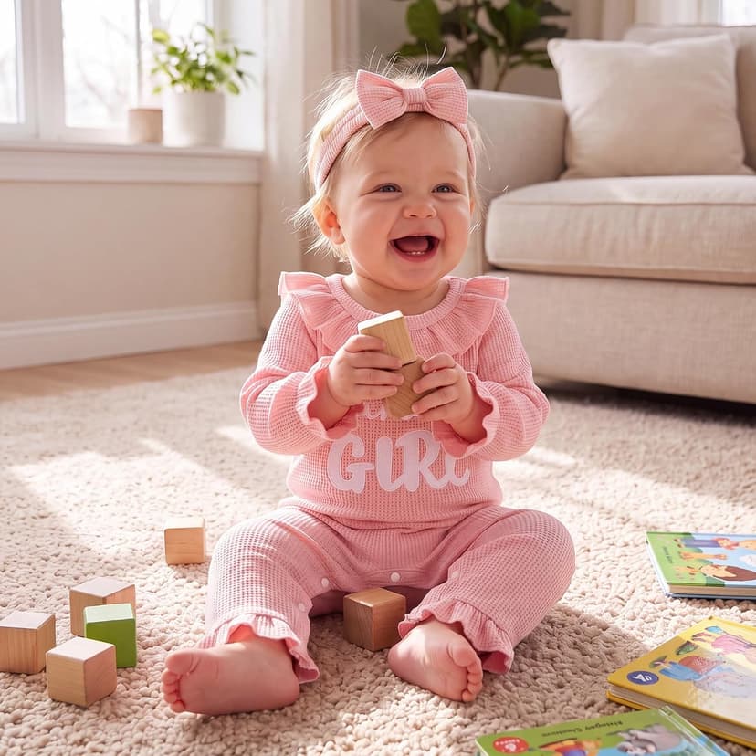Soft waffle knit romper with ruffle trim, snap closure and matching bow headband QITUDATEY Baby Girl Waffle Knit Romper with Headband, Ruffle Jumpsuit B0HCKVJZZB