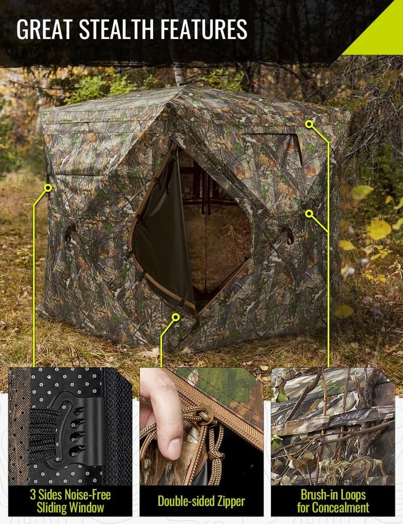 TIDEWE Hunting Blind 270°See Through with Carrying Bag for Turkey Hunting, Pop Up Ground Blinds, Portable Resilient Hunting Tent