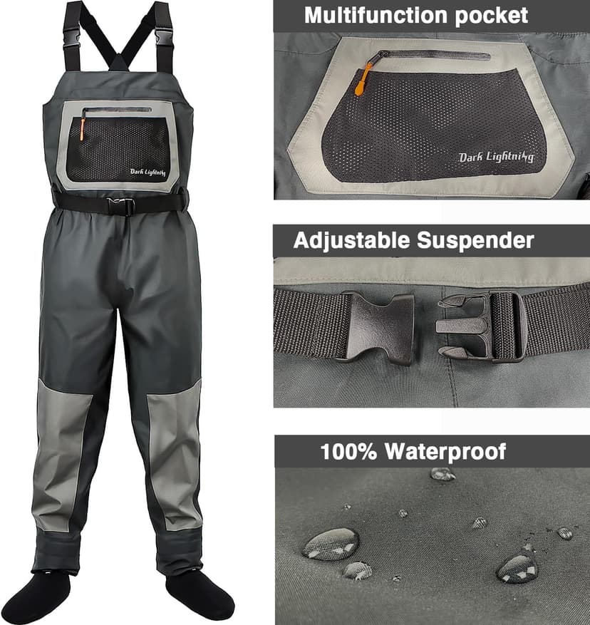 Dark Lightning Breathable Insulated Chest Waders, Perfect for 4 Seasons Fly Fishing Stocking Foot Waders for Men and Women