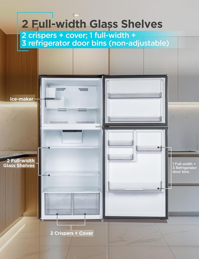 BLACK+DECKER 20.1 Cu. Ft. Top Mount Refrigerator with Ice Maker, 2-Door Refrigerator with Top Freezer, Freezer with Icemaker and Adjustable Temperature Control, BR2010JIMB, Black