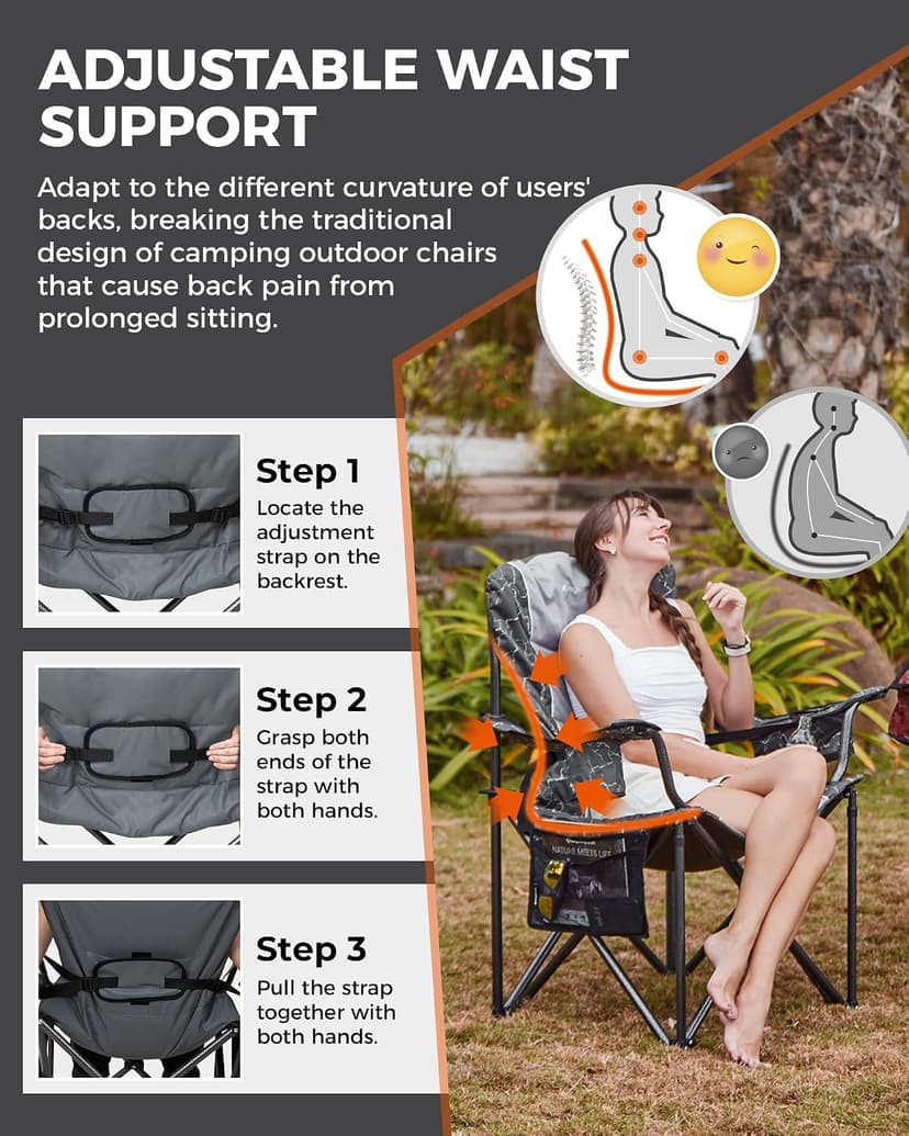 KingCamp Oversized Camping Chair with Adjustable Lumbar Support, 550lbs Heavy Duty Padded Folding Lawn Chair for Adults, Outdoor Armchair with Cooler Bag, Cup Holder & Side Pocket for Fishing, Travel