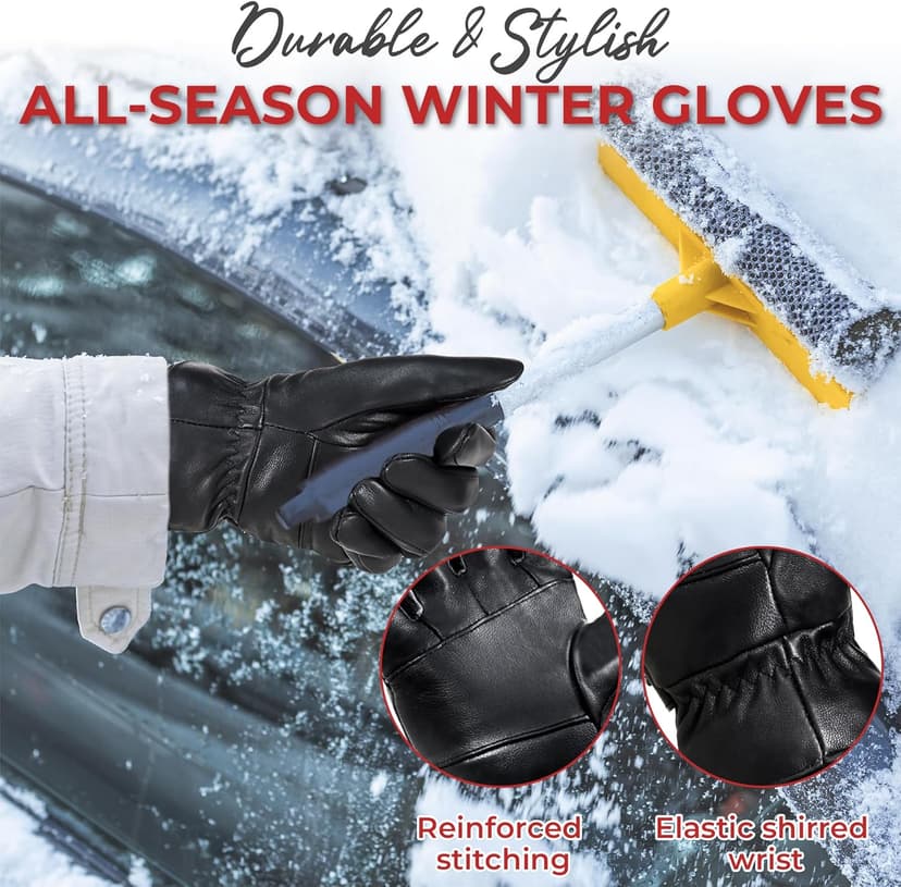 HANDLANDY Genuine Sheepskin Leather Gloves for Men Winter Driving Warm Thermal Wrist Gloves Fleece Lining for Cold Weather