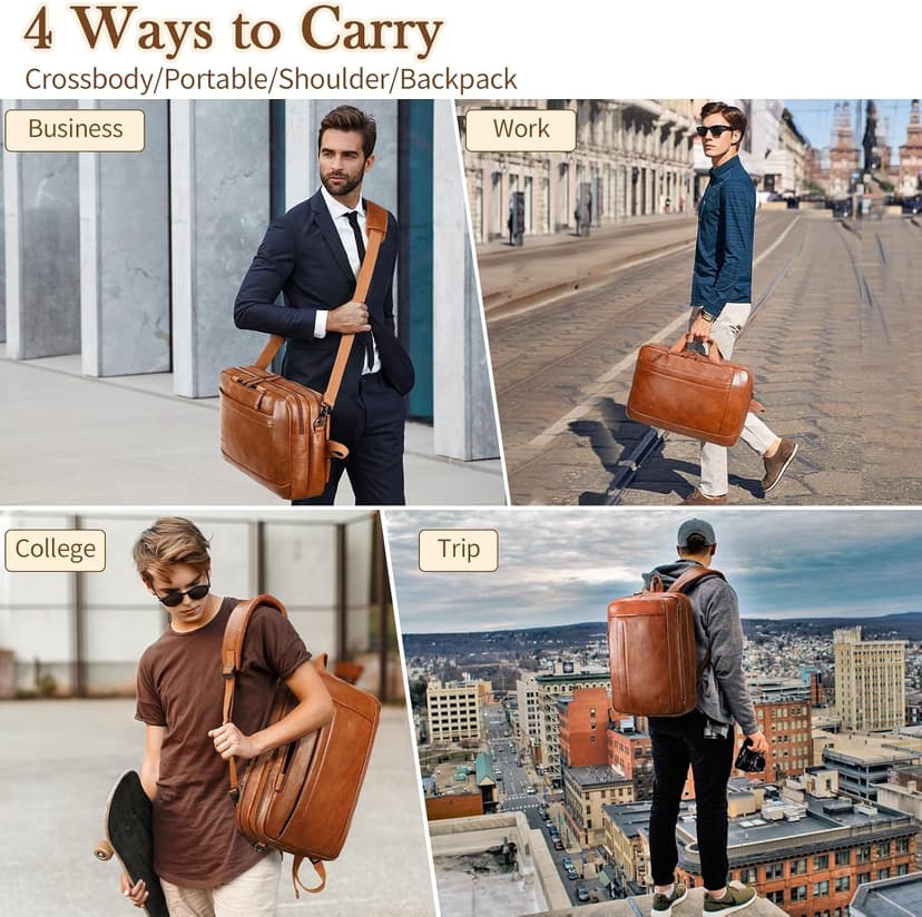 Faux Leather Messenger Bag for Men | 17-17.3 Inch Leather Mens Laptop Bag Leather Briefcasen Convertible Backpack 3 in 1 Computer Handbags Work Bag Shoulder Crossbody Bag Office | Vintage Brown