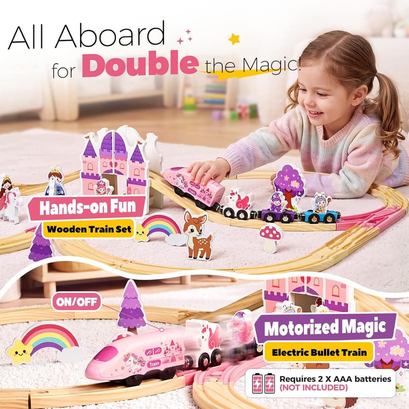 Pink Train Track Set Fairy Theme with Multiple Layouts, Birthday Gift Toys for Girls 3 4 5 6 Year Old Wooden Train Set Electric, 50 PCS Unicorn Princess Wood Track for Girls B0HDSGBW7S