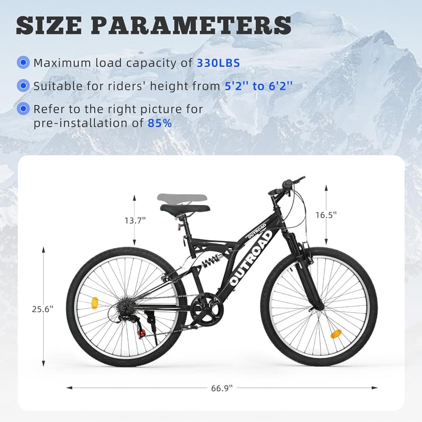 26 inch Mountain Bike Dual Full Suspension, Outdoor Hybrid Bikes,7-Speed/High-Carbon Steel, for Men Women Adult, MTB Bicycle with Suspension Fork,Sleek Colors