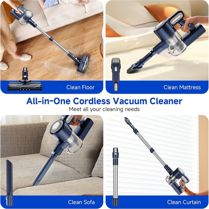 Cordless Vacuum Cleaner, Powerful Suction Vacuum Cleaners for Home, Anti-Tangle Pet Hair Brush, Lightweight, Self-Standing, Green LED Headlight, 6-in-1 Stick Vacuum for Carpet Hardwood Floor-Dark Blue
