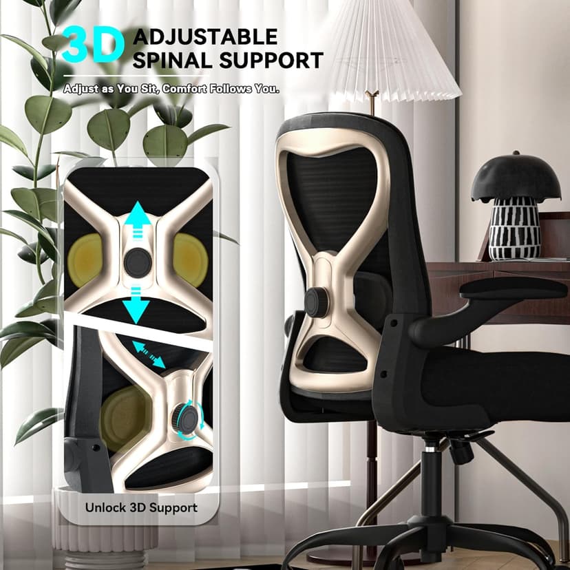 Office Desk Chair with Ergonomic Lumbar Support, Extra-Thick Seat Cushion, Flip-up Arms, Breathable Mesh Back, Computer Task Chair for Home Office