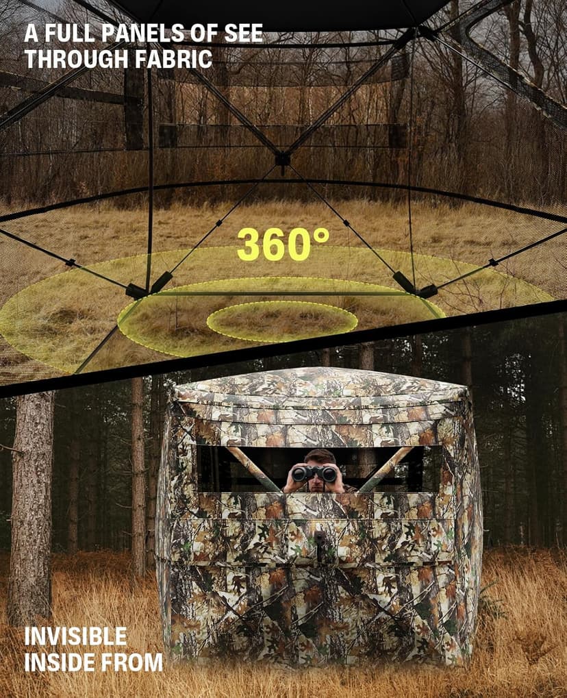 Hunting Blind 360° Silent See Through Blind with Swing Door, 2-3 Person Pop Up Ground Blind with Carrying Bag, Portable Hunting Tent for Deer & Turkey Hunting