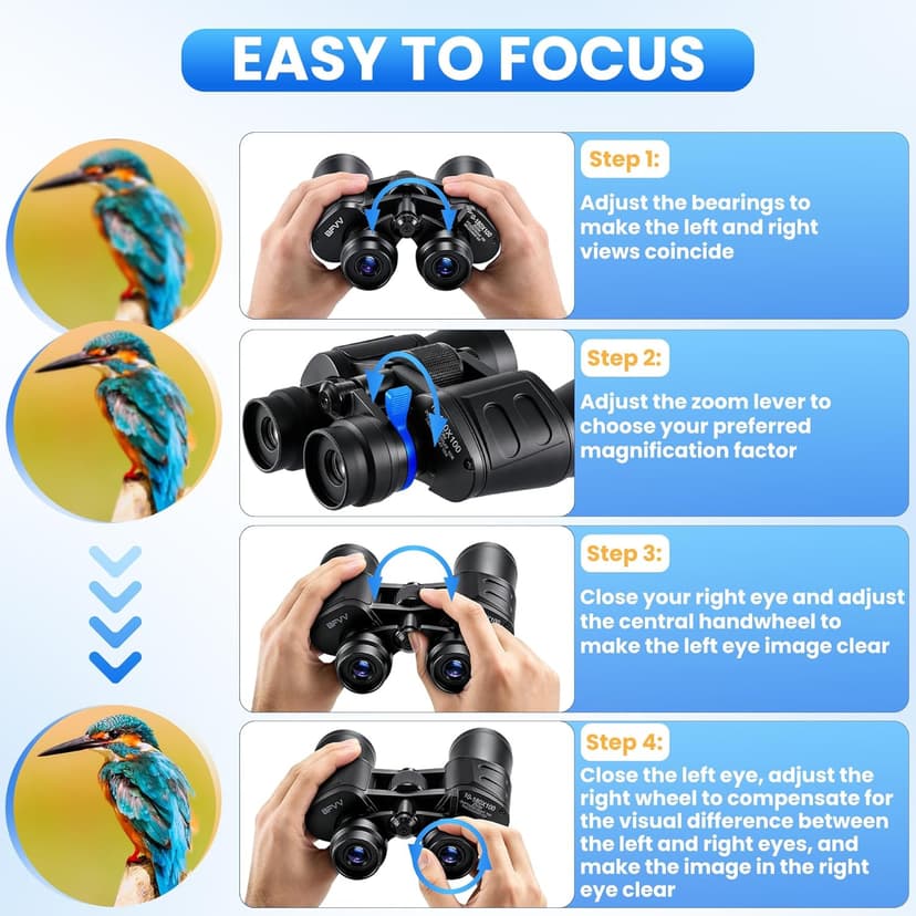 10-180x100 Zoom Binoculars for Adults, Day/Low Light Night Vision High Powered Binoculars with BAK4 & FMC Lens, Waterproof Fogproof for Hunting Birdwatching Travel Sports Concerts Gift for Men
