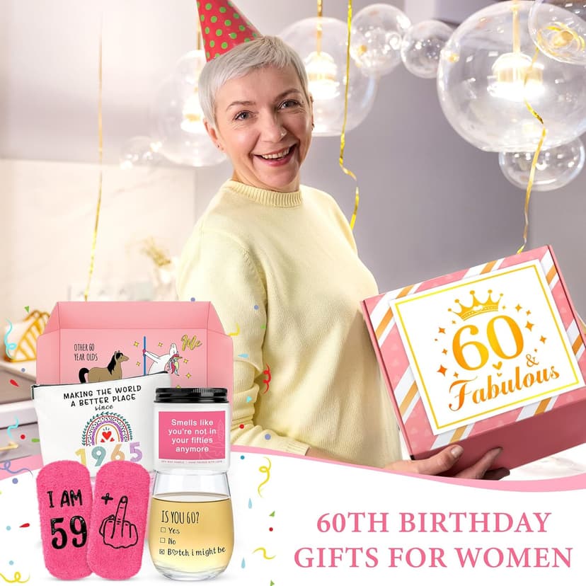 60th Birthday Gifts for Women Funny 60 Year Old Birthday Gifts for Women Turning 60 Gift for Woman Happy 60th Bday Decorations for Woman Mom Her - Wine Glass Makeup Bag Candle Socks