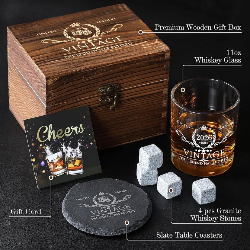 Retirement Gifts for Men Whiskey Glass Set - The Legend Has Retired 2025 - Retirement Party Decorations, Supplies - Gifts Ideas for Him, Dad, Husband, Friends - Wood Box & Whiskey Stones & Coaster