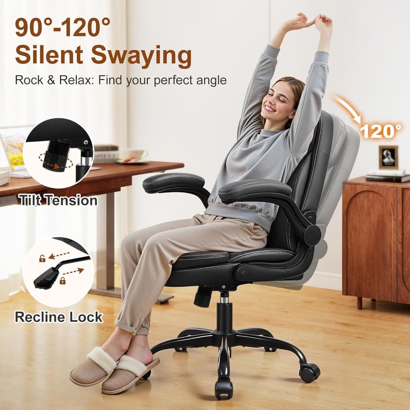 Leather Office Chair, Upgraded PU Computer Desk Chairs with Double-Layer Seat Cushion and Neckrest, 360°Swivel, Ergonomic Small Gaming Chair with Wheels and Adjustable Armrests for Short People, Black